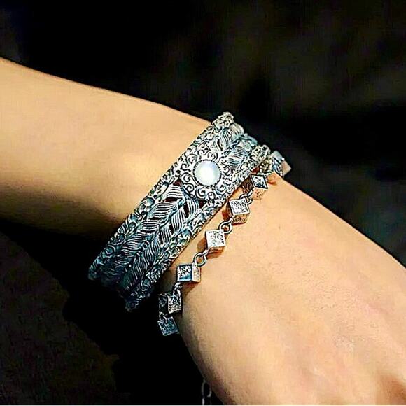 Sterling Silver Bangle Bracelet plus braided silver bracelet two-piece set - Picture 3 of 5